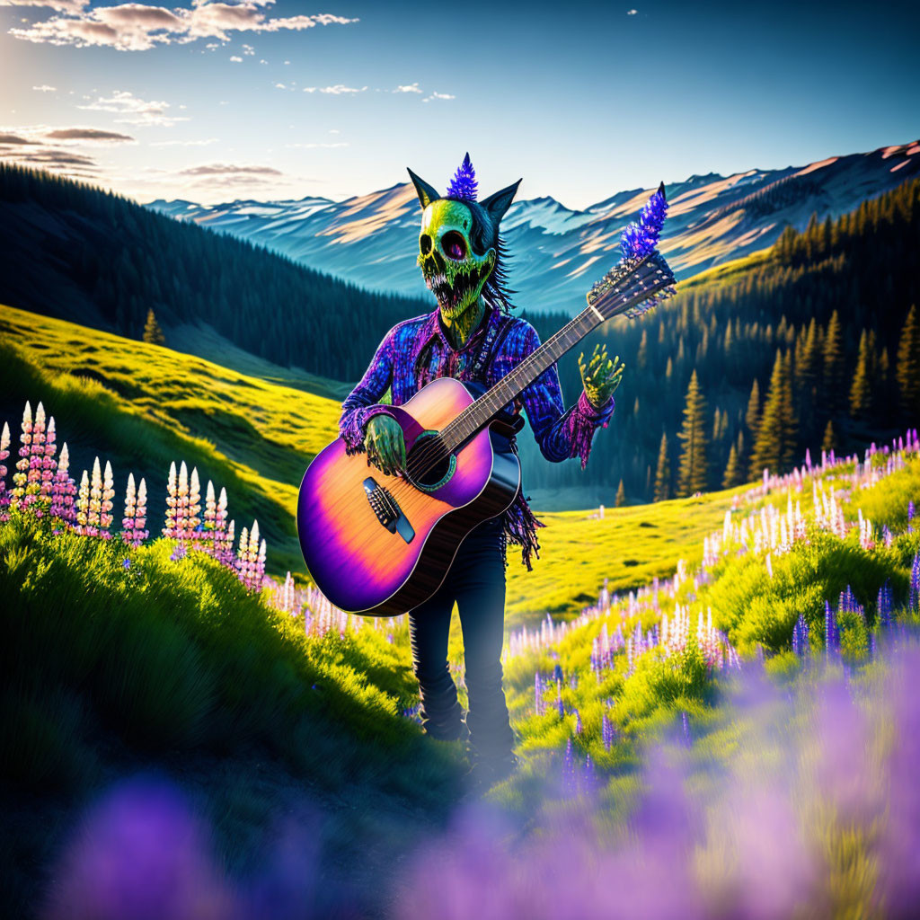 Colorful Skeleton Playing Purple Guitar in Vibrant Meadow with Sunset Sky