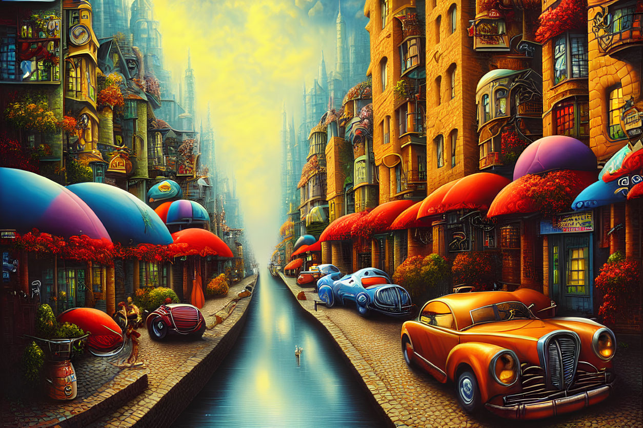 Vibrant cityscape with vintage cars and colorful buildings