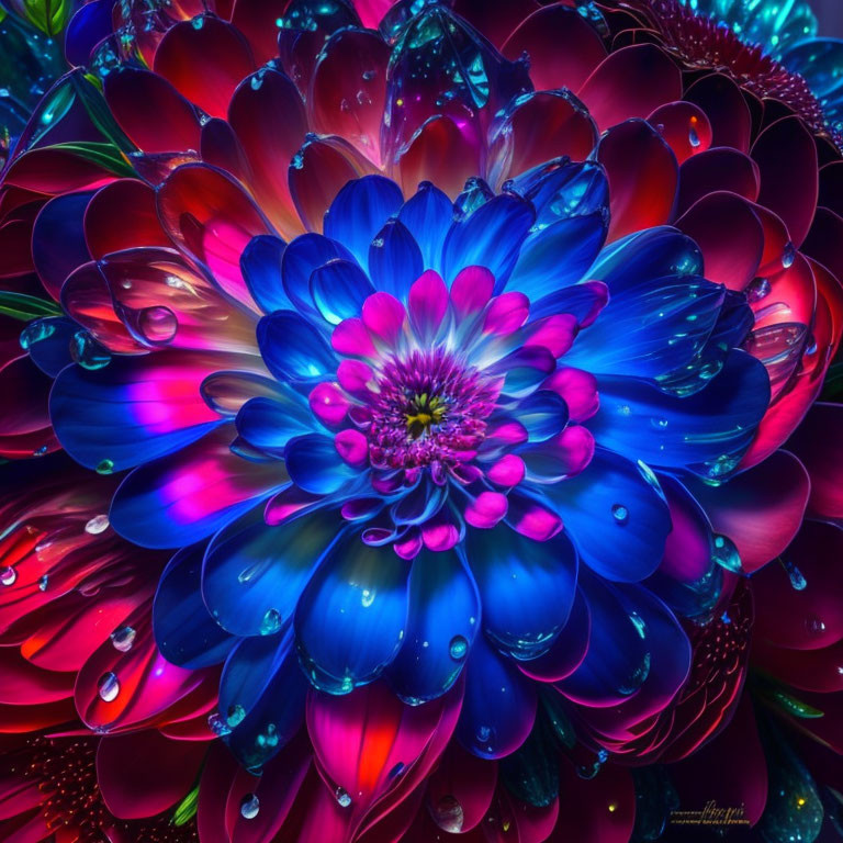 Close-up of vibrant blue and pink flower with water droplets and glowing effect