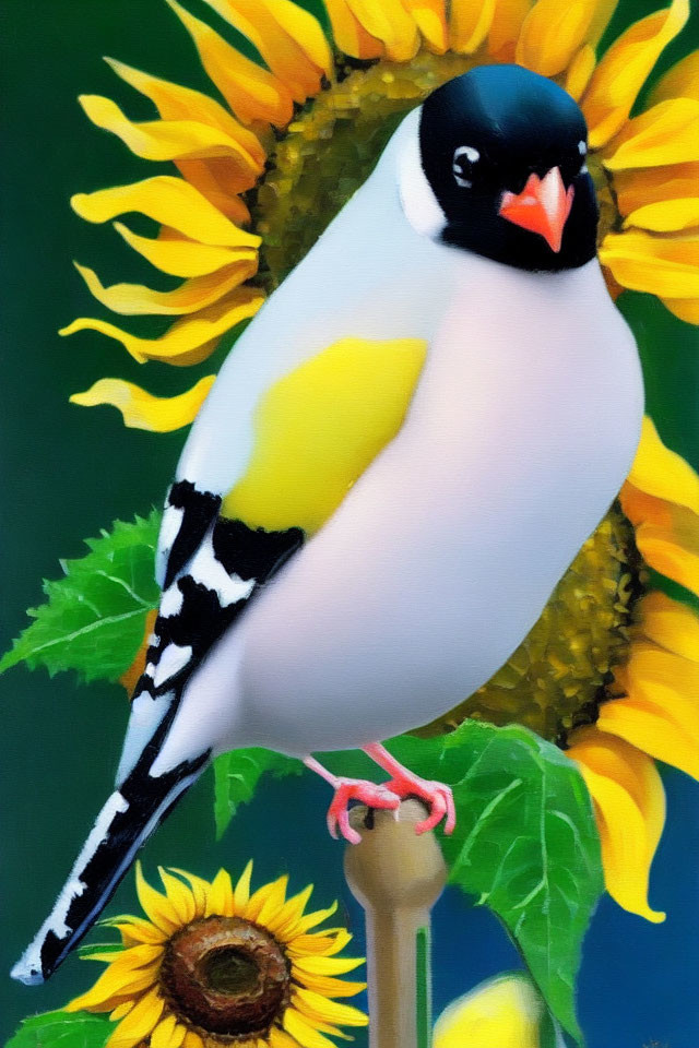 Vibrant bird illustration on stem with sunflower background