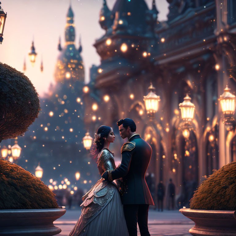 Elegant couple in illuminated garden with glowing lanterns