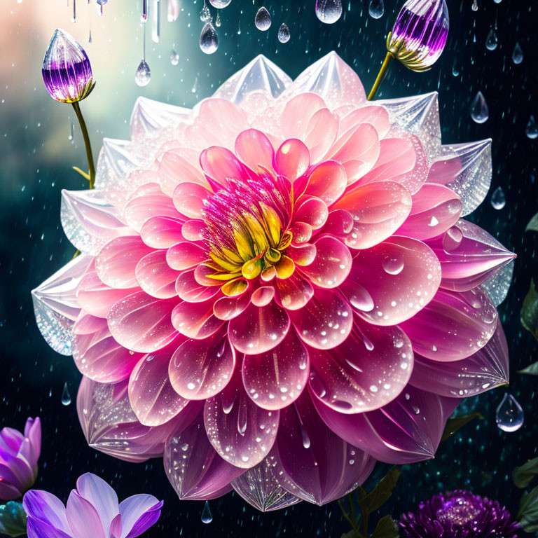 Vivid Pink Dahlia with Water Droplets Among Flowers and Rain