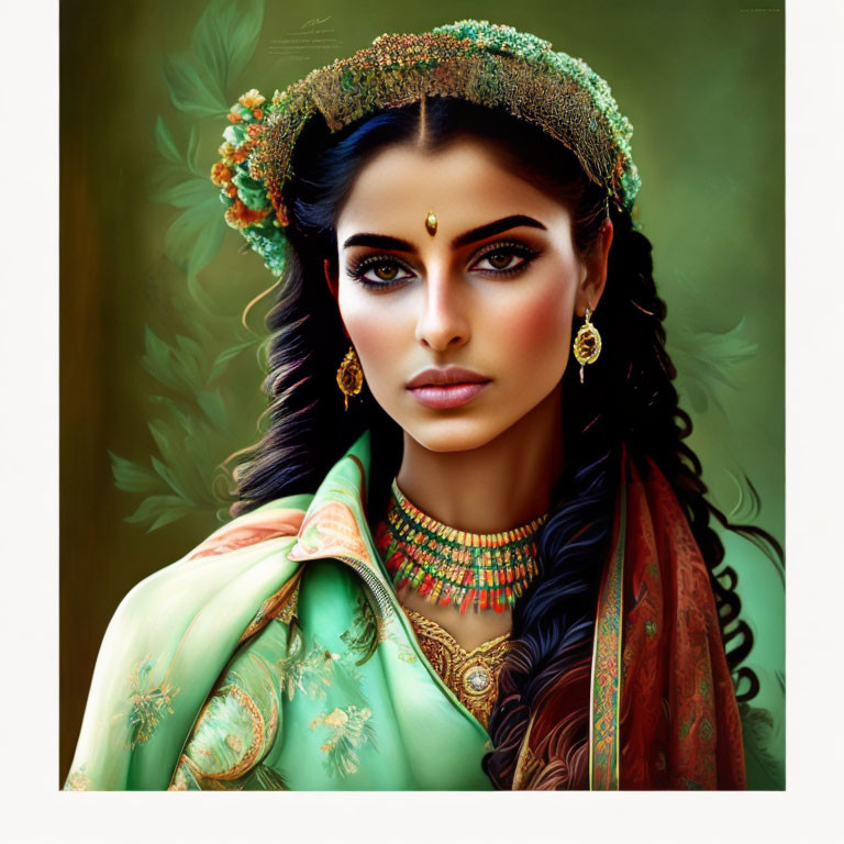 Traditional Indian attire portrait of woman in green and orange outfit