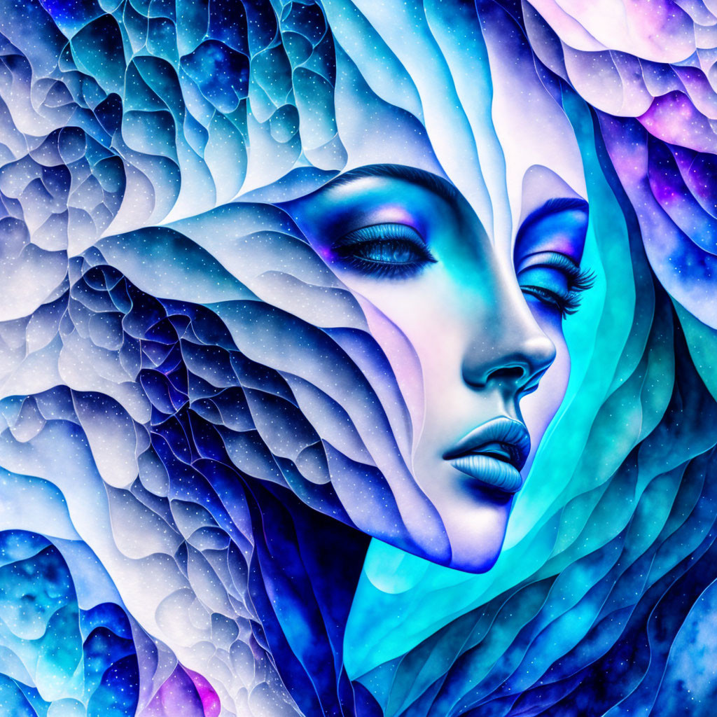 Colorful digital artwork: Woman's face with abstract blue and purple waves