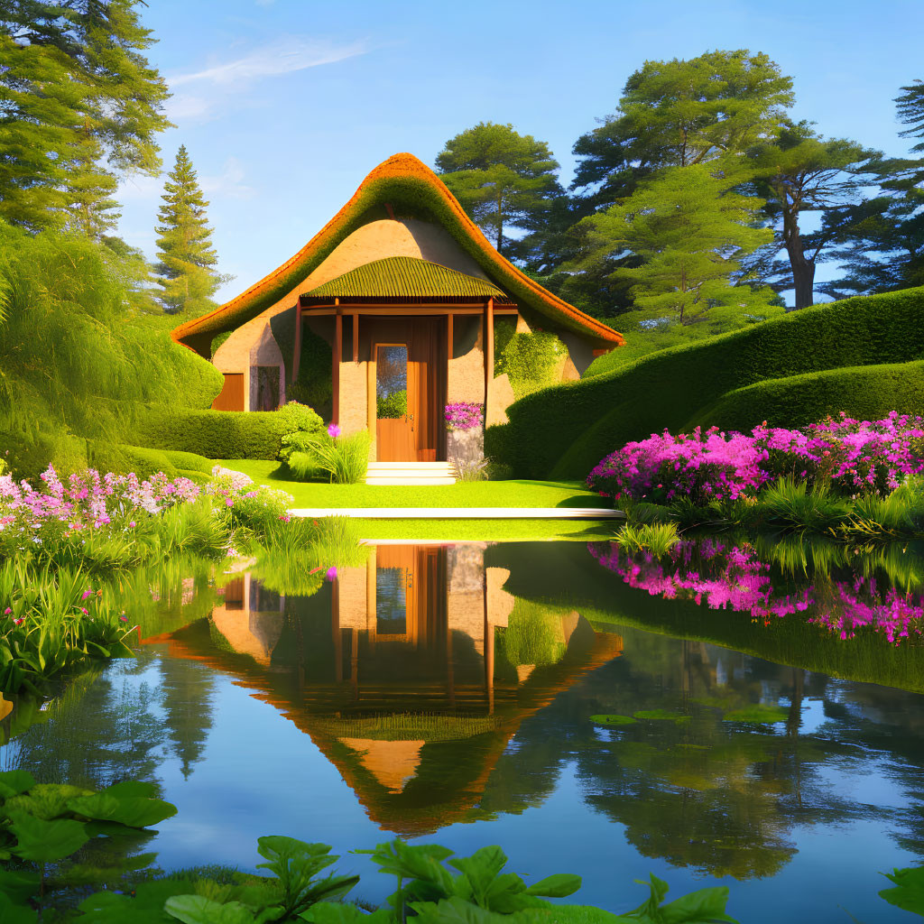 Thatched-Roof Cottage in Vibrant Garden with Reflective Pond