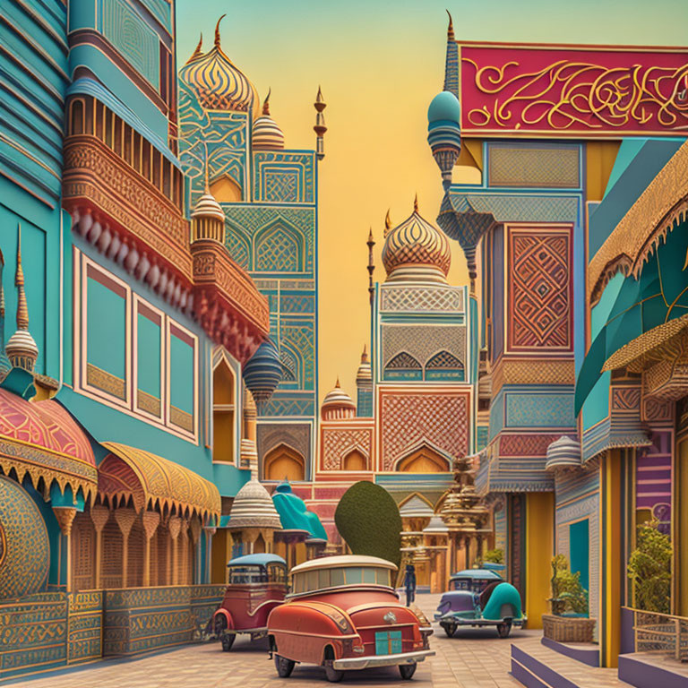 Colorful Islamic architecture and vintage cars on vibrant street.