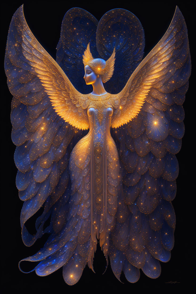 Ethereal figure with golden wings and ornate dress on dark background