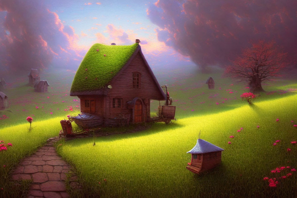 Charming grass-roof cottage in lush field with pink sky and cobblestone path