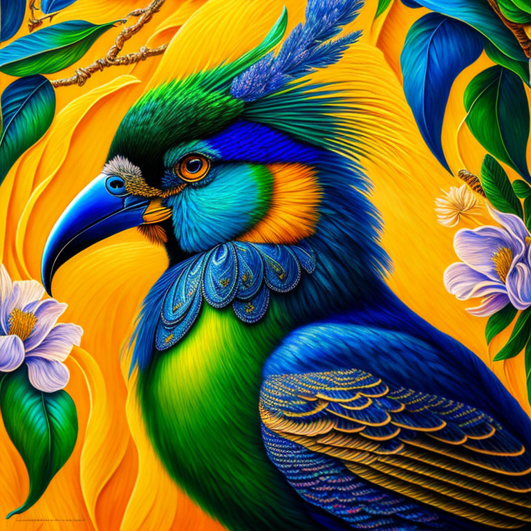 Colorful digital artwork: stylized peacock with blue and green feathers, intricate patterns, yellow foliage