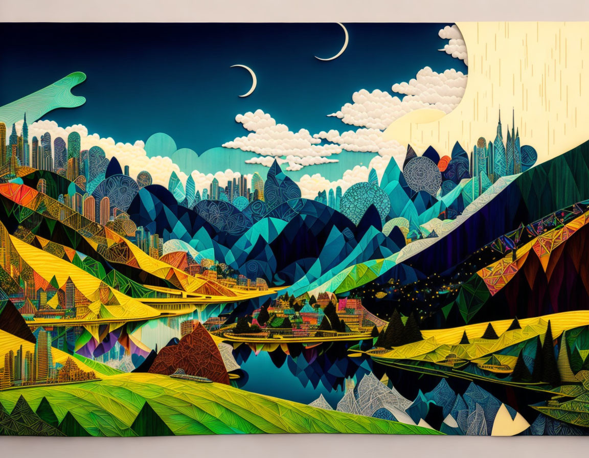 Colorful digital artwork: fantastical landscape with geometric formations, vibrant hills, city skyline, water,