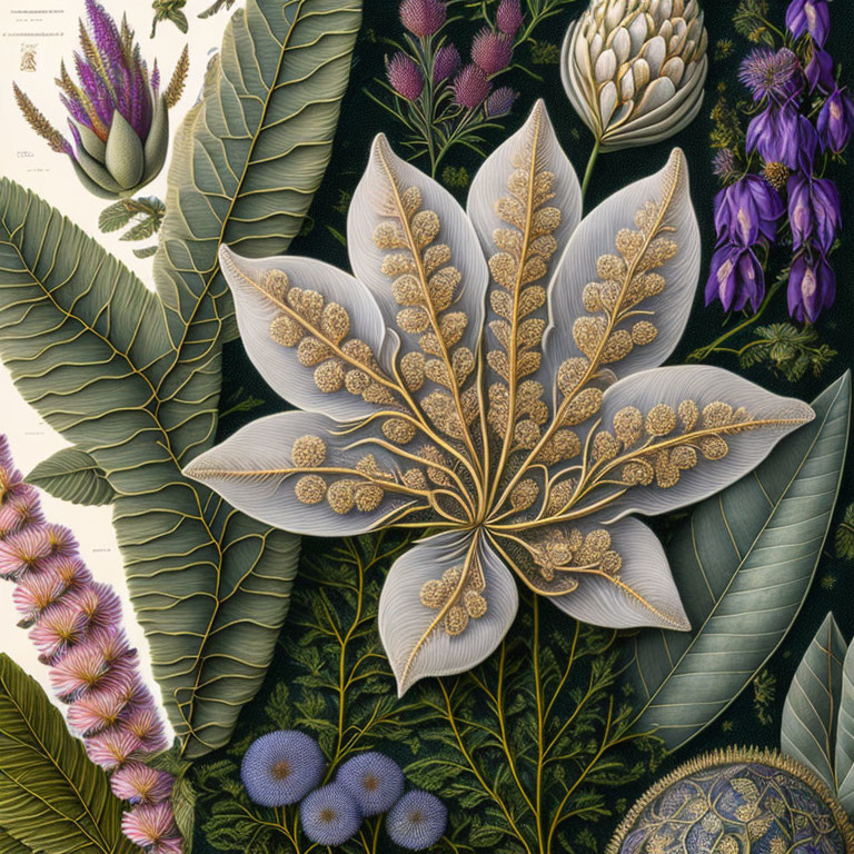 Detailed Botanical Illustration Featuring Central White Flower and Diverse Flora