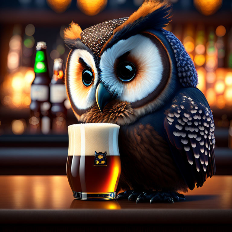 Stylized animated owl with hat at bar looking at owl logo pint glass