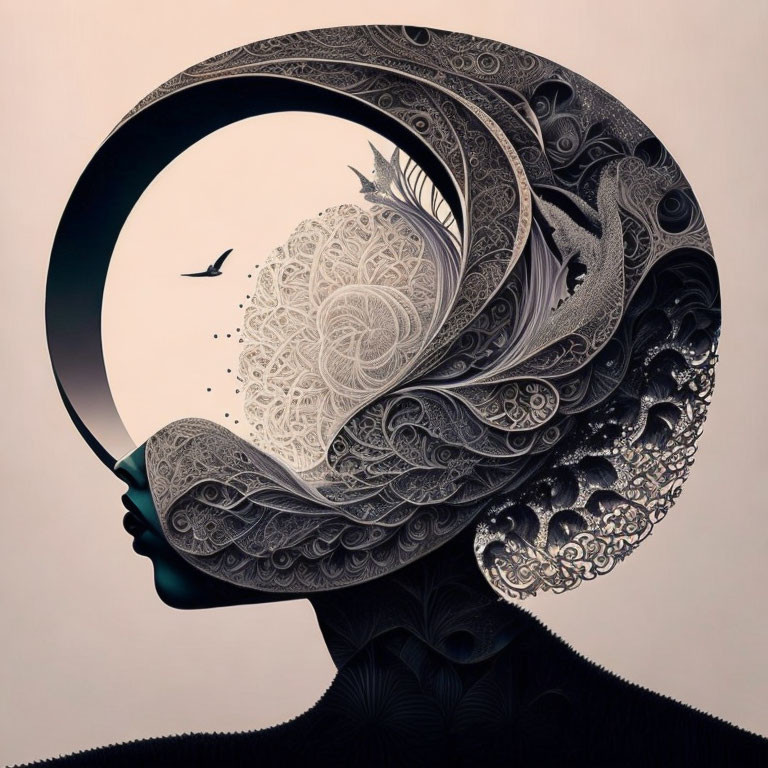 Silhouette with circular fractal design symbolizing complexity and consciousness