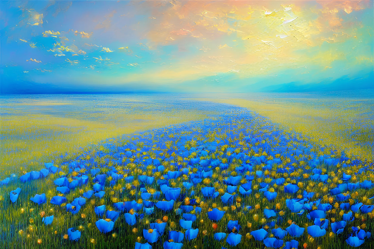 Colorful field painting: blue flowers, sunset sky, fluffy clouds