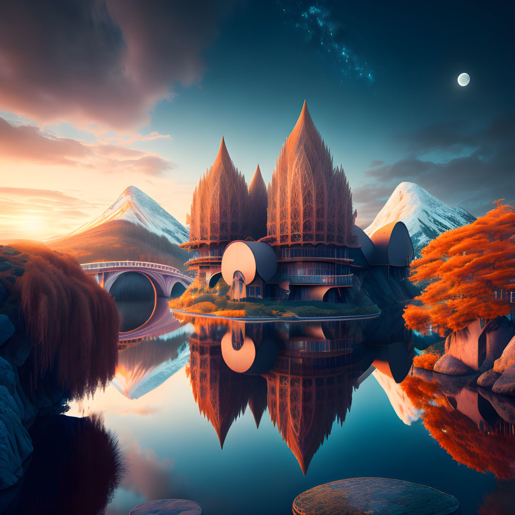 Futuristic building with spire-like features by lake and mountains at twilight