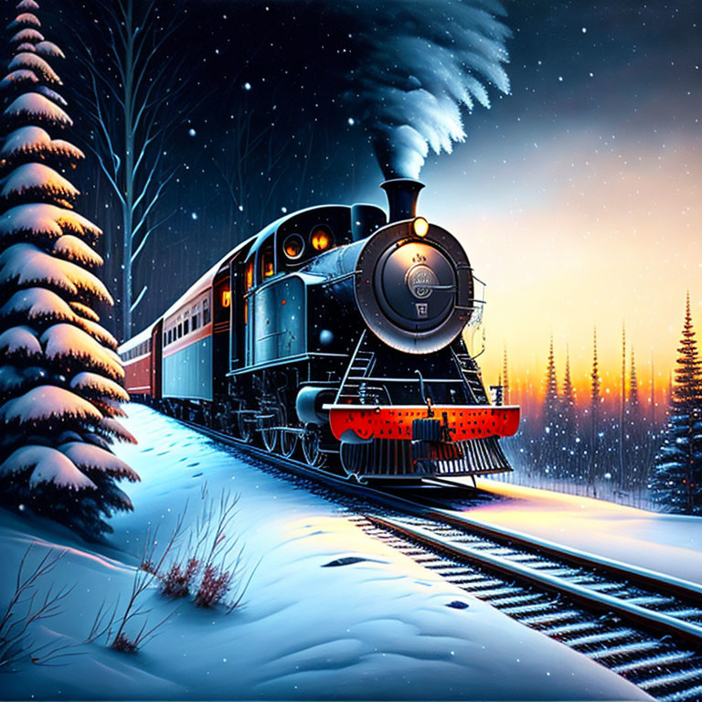 Vintage train in snowy landscape at night with headlight, snow-covered trees, starry sky