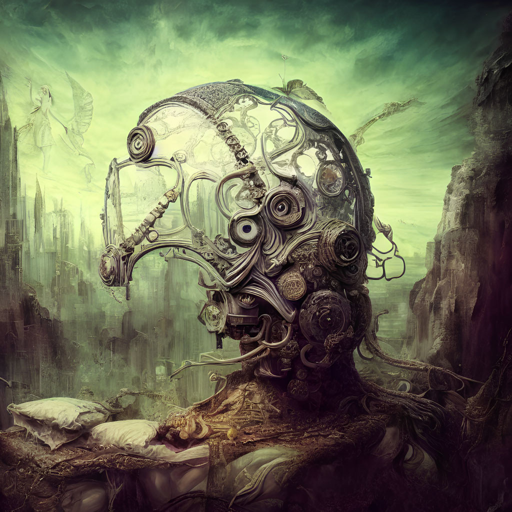 Surreal artwork featuring mechanical skull in desolate landscape