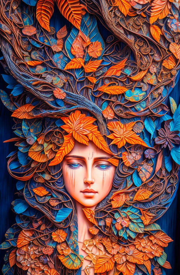 Colorful Artwork of Woman with Floral Hair in Blue, Orange, and Teal