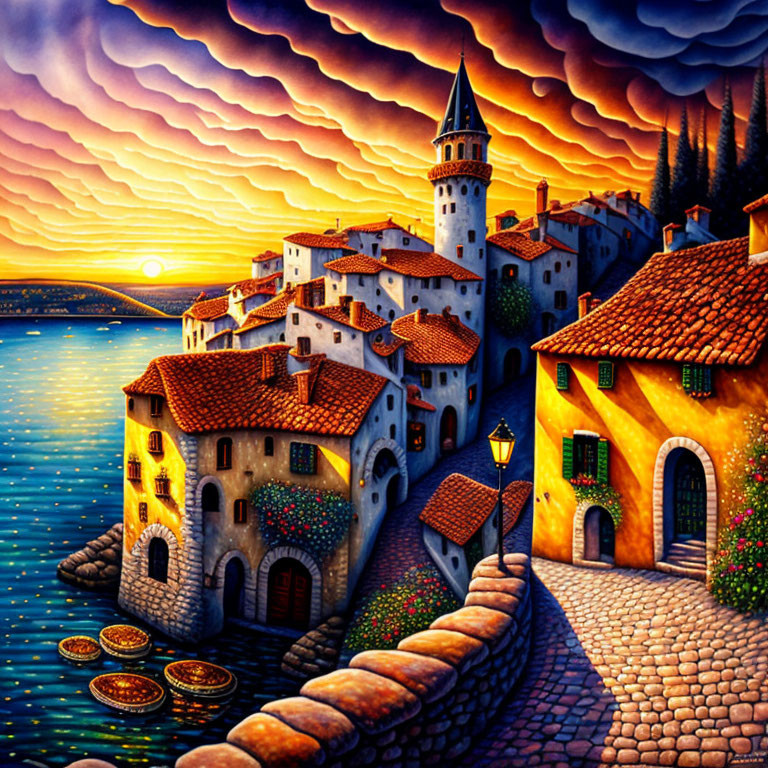 Colorful coastal village painting at sunset with cobblestone paths, orange-roofed houses, tower