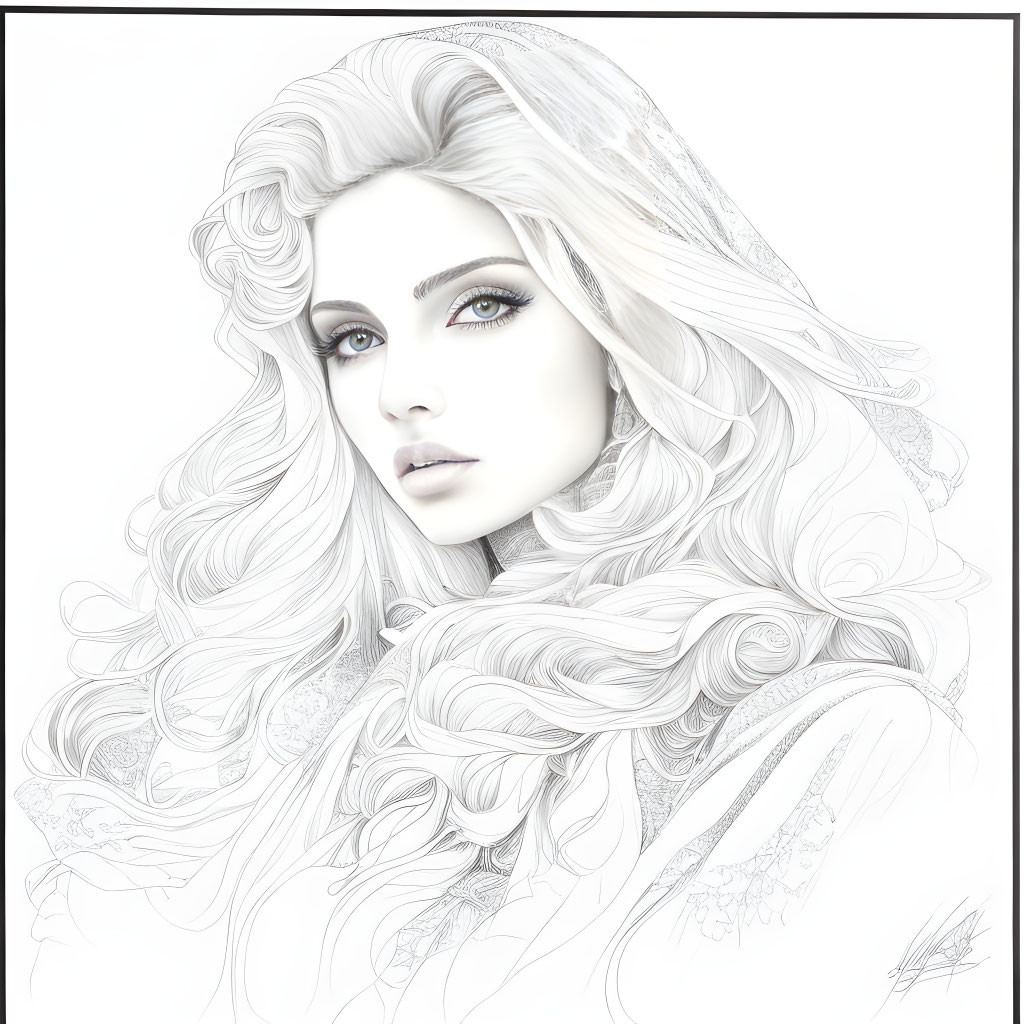 Detailed Monochromatic Drawing of Woman with Flowing Hair and Serene Expression