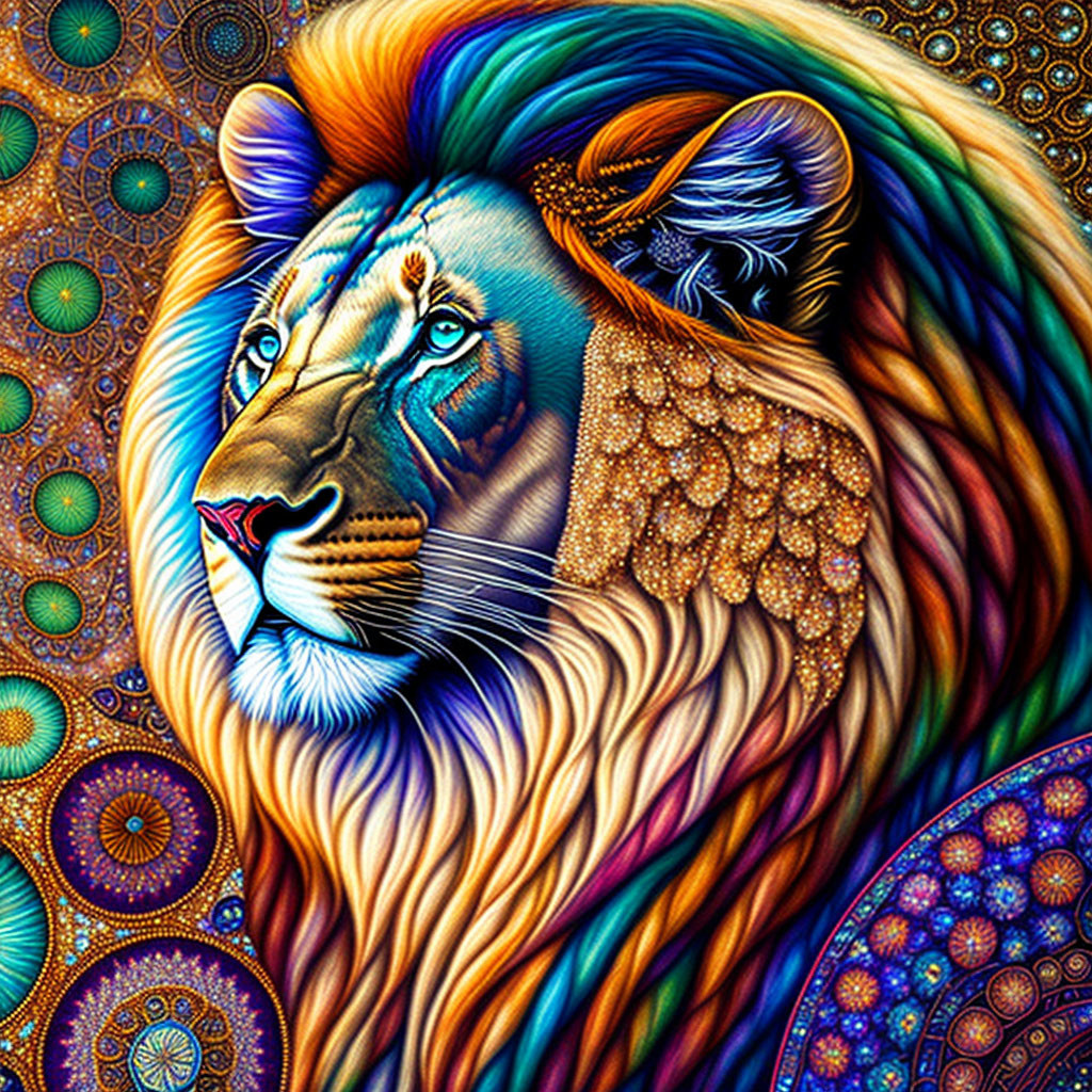 Vibrant lion illustration with psychedelic patterns