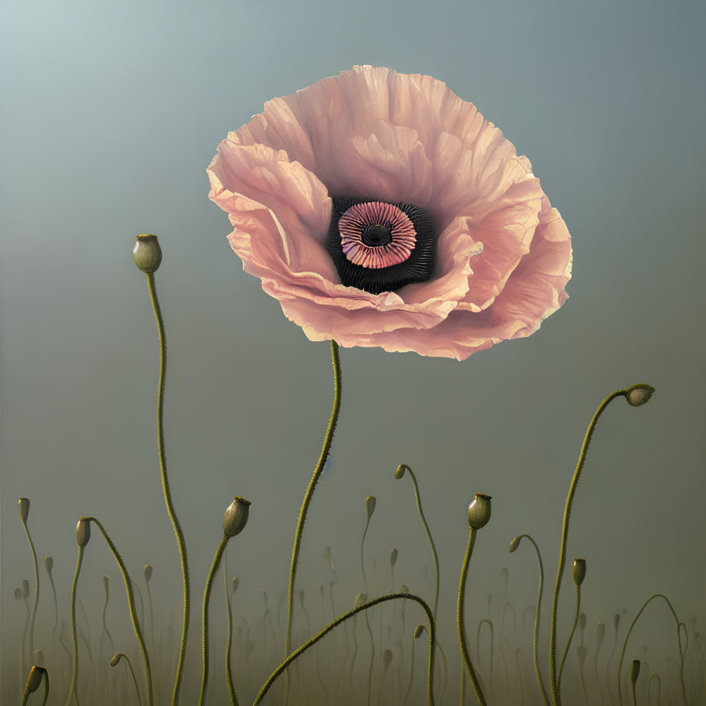 Pink Poppy Flower with Unopened Buds on Muted Background