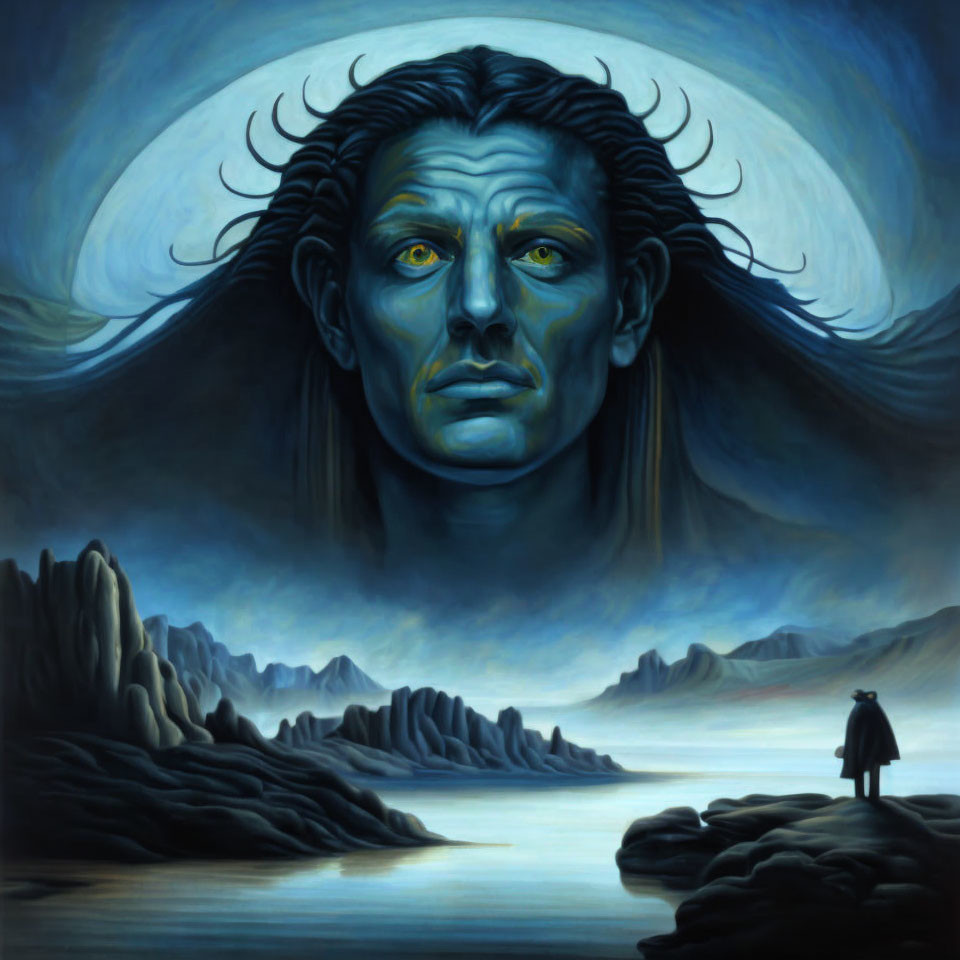 Surreal landscape with giant blue face overlooking lone figure