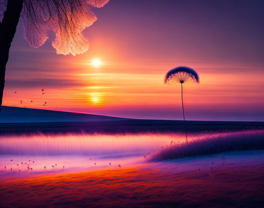 Vivid sunset with dandelion and tree silhouette