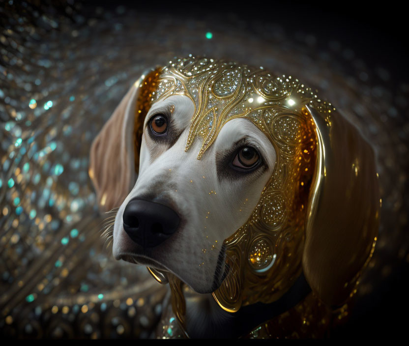 Golden headdress adorned dog in close-up against sparkling background