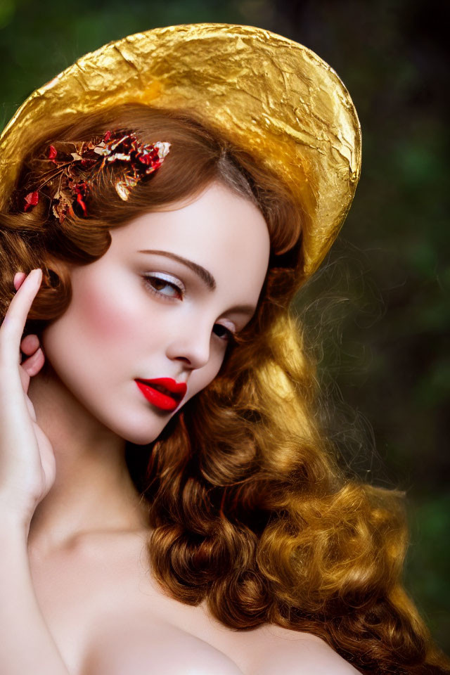 Portrait of a Woman with Golden Headdress and Red Lips