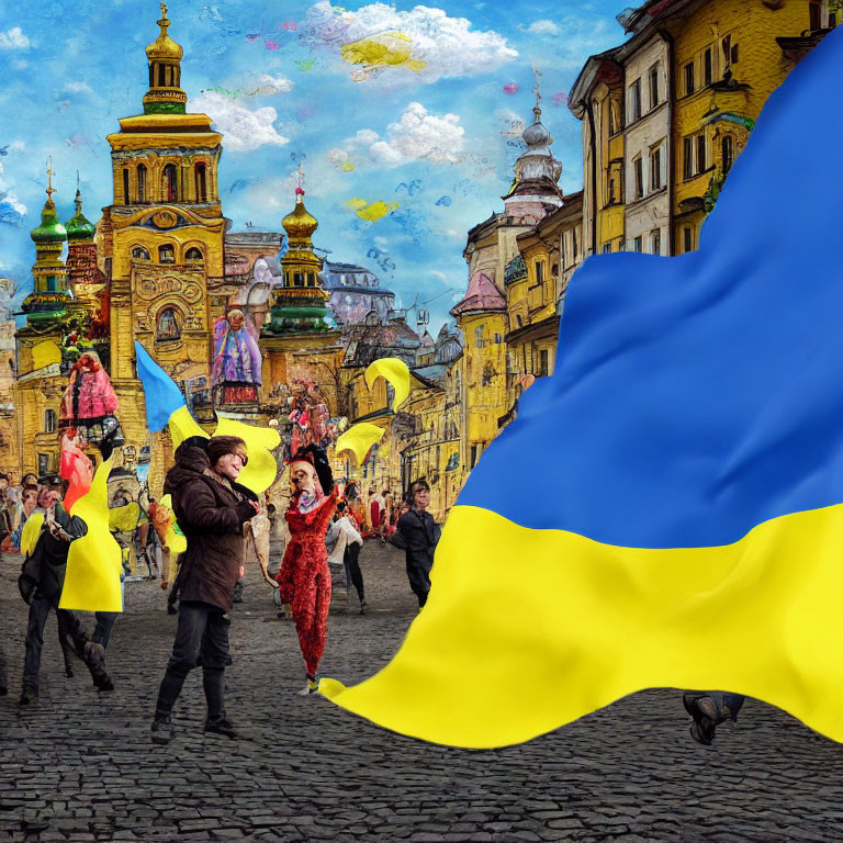 Historical costume street celebration with Ukrainian flag and picturesque backdrop