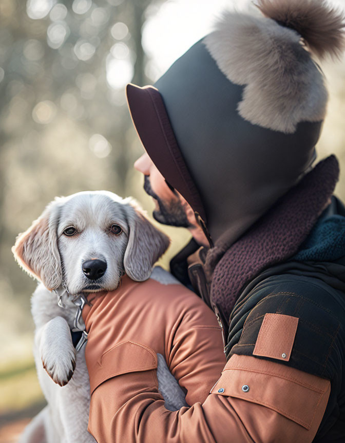 Person in Warm Jacket Holding White Dog Outdoors