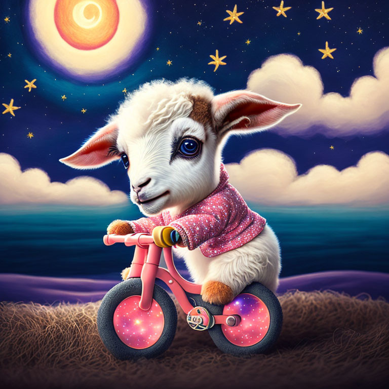 Lamb in pink sweater rides bicycle under starry night sky