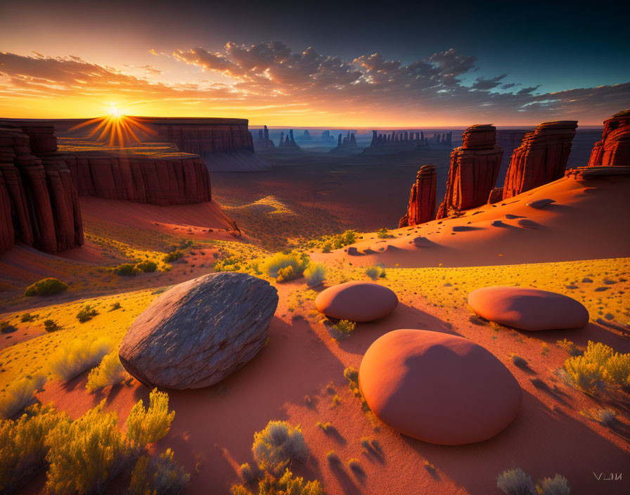 Desert sunrise with towering rock formations and vibrant sky