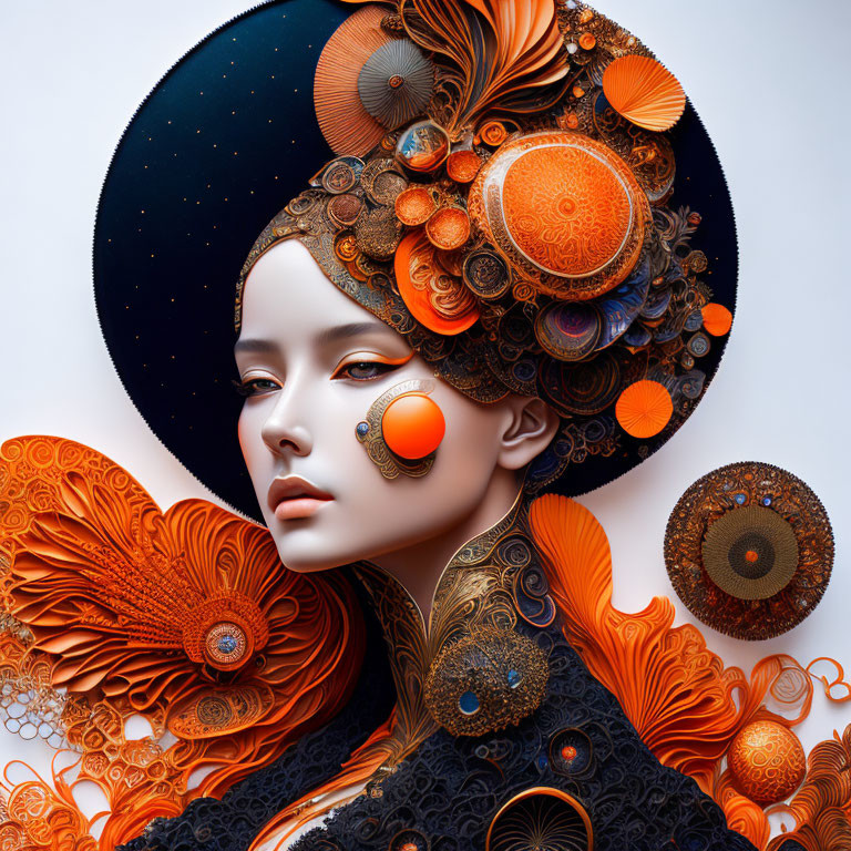 Surrealist artwork: Woman with orange florals and celestial motifs on white background