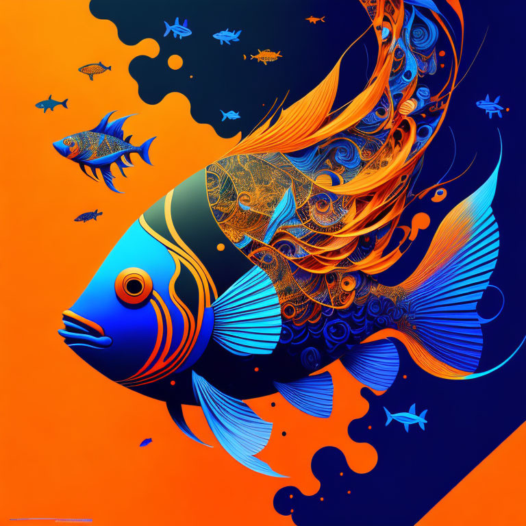 Colorful Stylized Fish Illustration on Orange and Blue Gradient Background