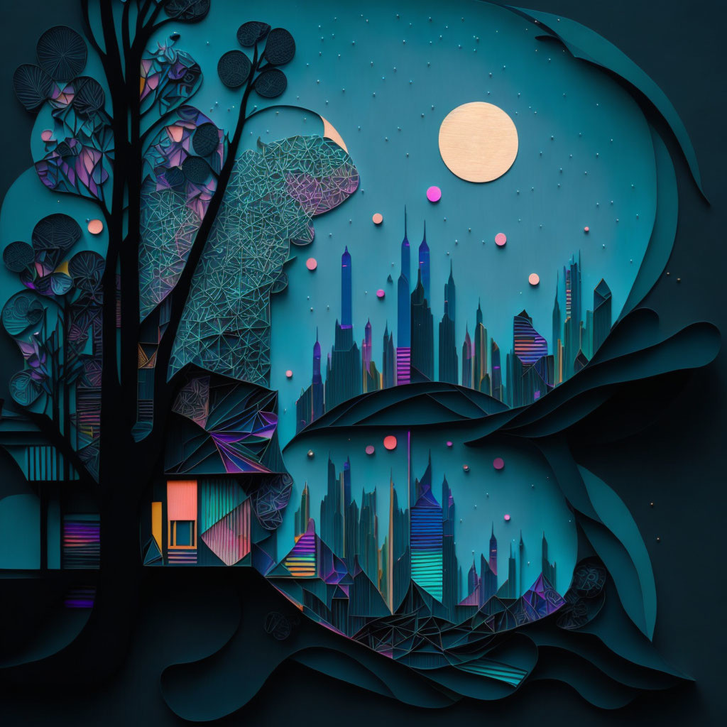 Multilayered paper art of vibrant cityscape at night