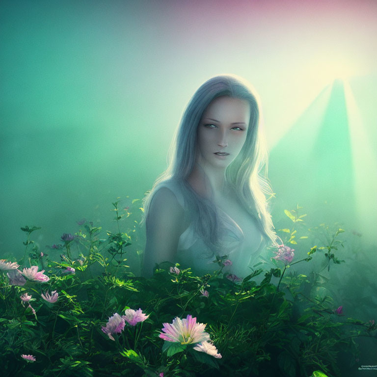 White-Haired Woman Surrounded by Pink Flowers in Green Light