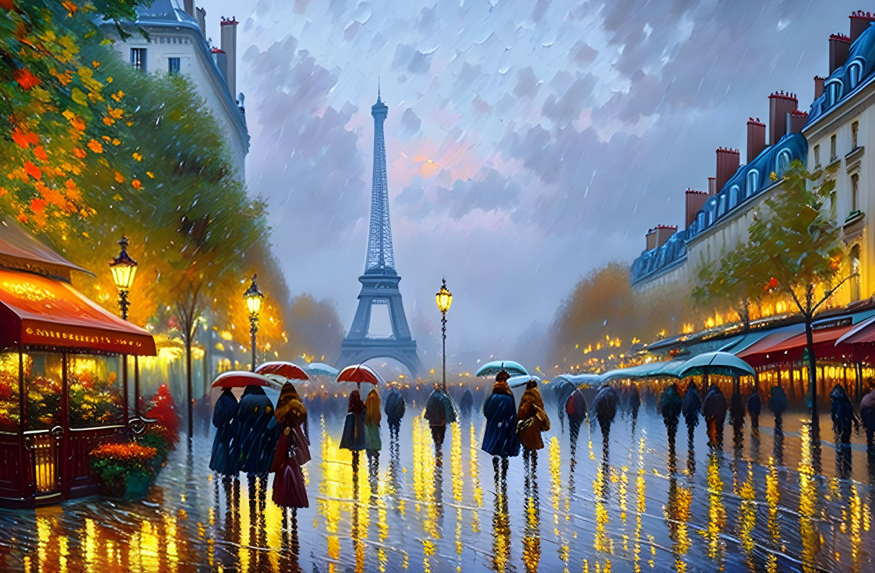 Colorful Paris street scene with rain, umbrellas, and Eiffel Tower in autumn