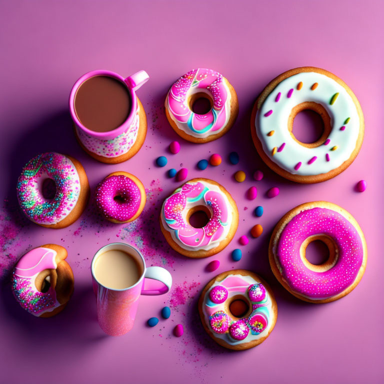 Vibrant Donuts and Coffee on Purple Background