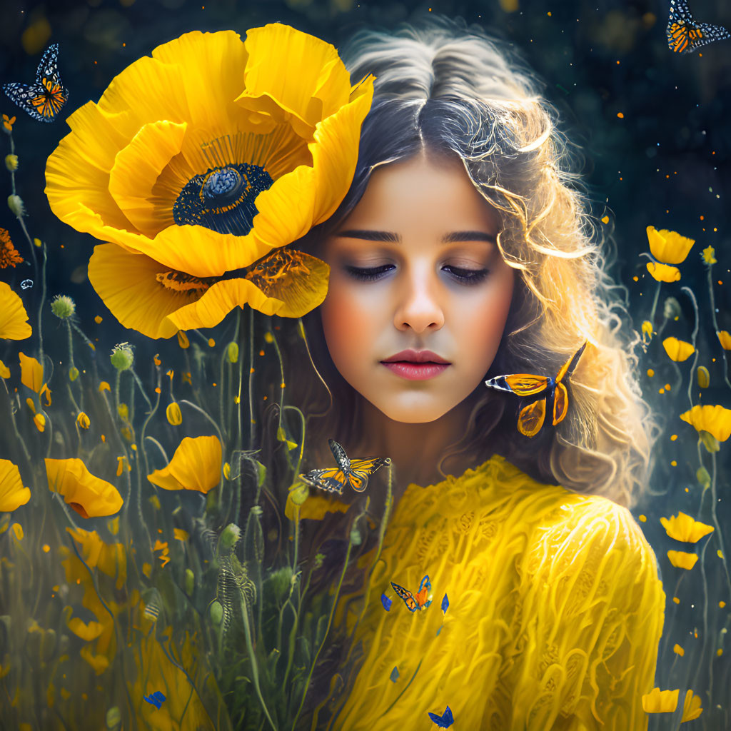 Curly-Haired Girl Surrounded by Yellow Poppies and Butterflies