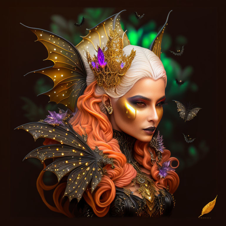 Elaborate golden headdress fantasy character with butterflies