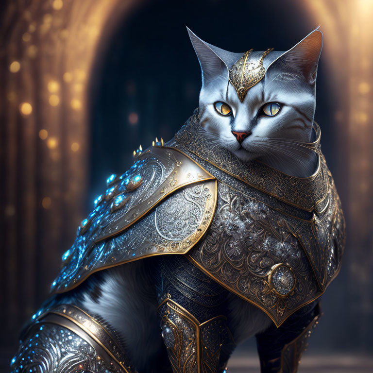 Majestic cat in golden armor with intricate designs, blurred archway background