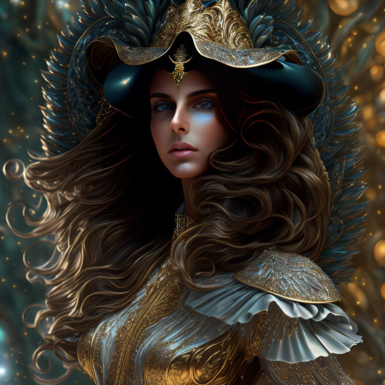 Woman with intense blue eyes in black and gold armor against golden backdrop