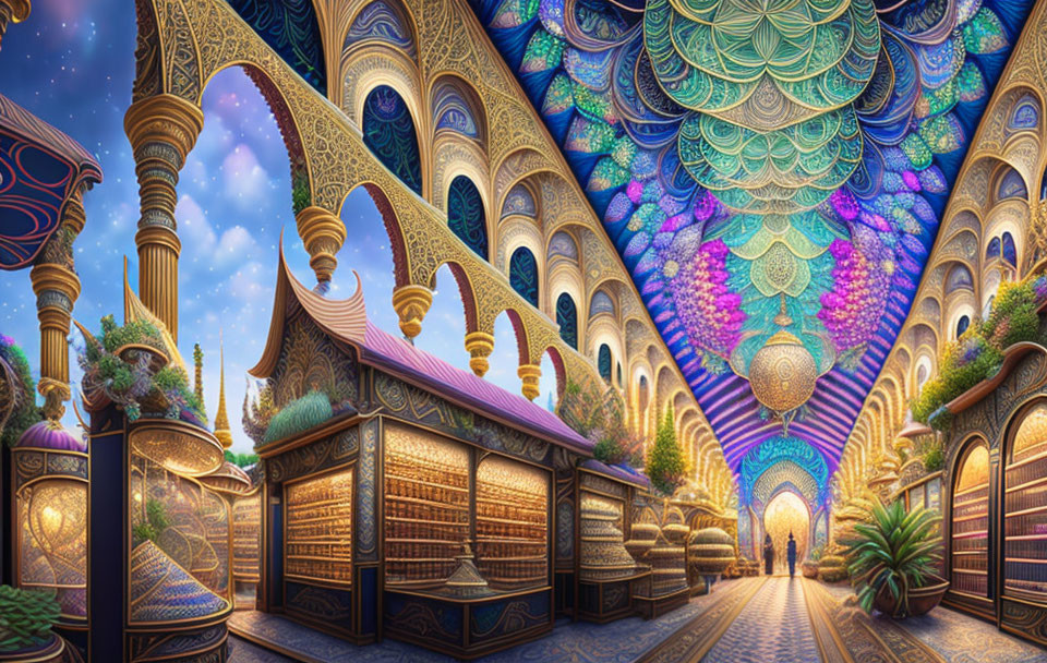 Vibrant digital artwork of ornate, fantastical library with arches and mosaic ceilings