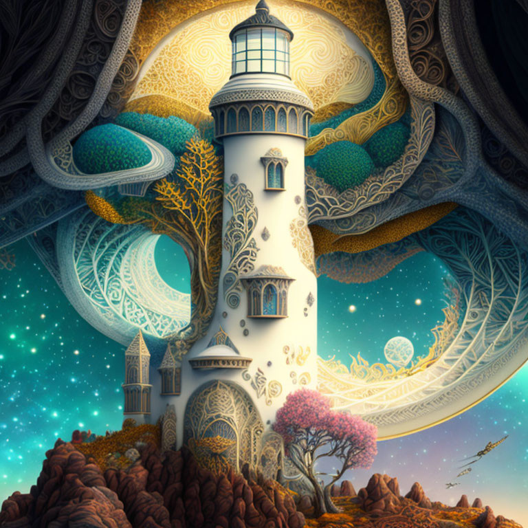Whimsical lighthouse on rocky outcrop with surreal trees under starry sky