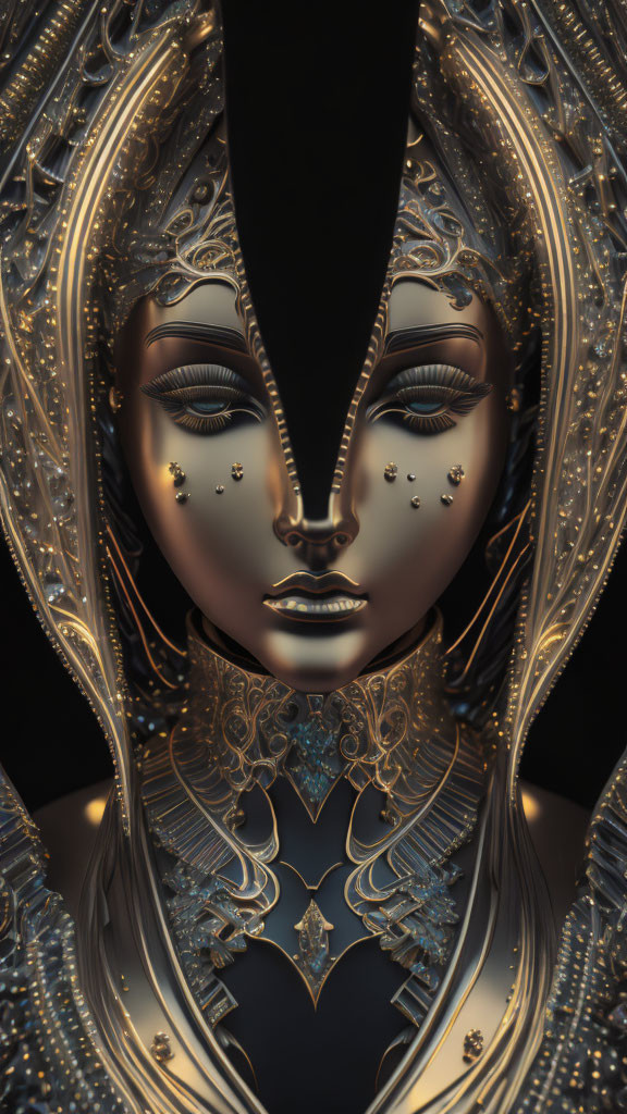 Detailed ornate robotic face with metallic adornments on dark background