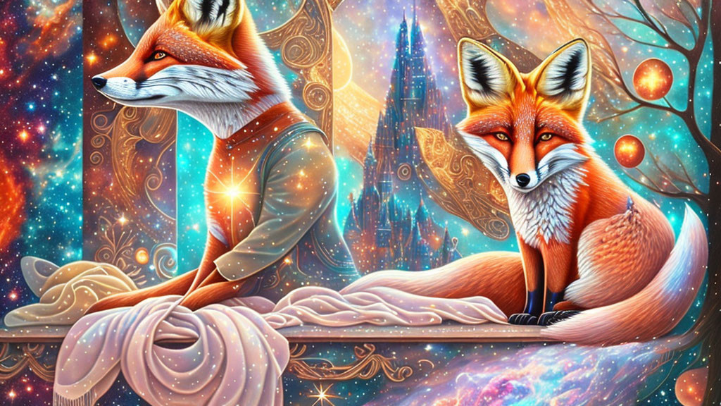 Illustrated foxes in cosmic landscape with stars and orbs