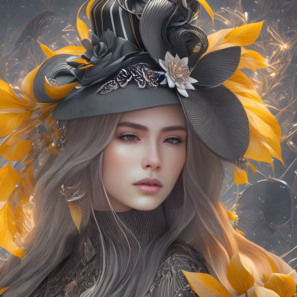 Digital portrait of woman with decorative hat and floral details on golden background