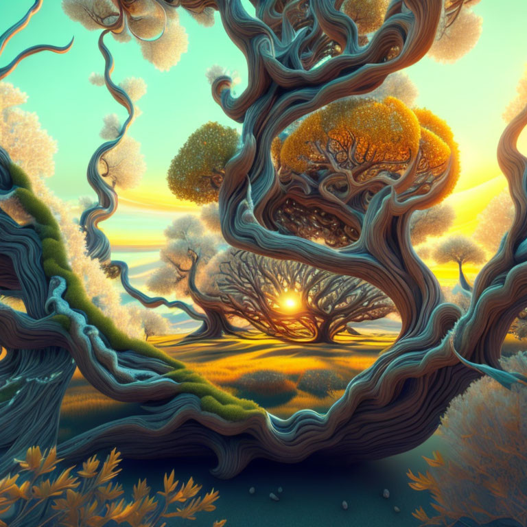 Twisted trees in warm sunlight create a dreamlike landscape